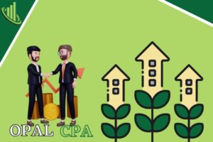 צמחים שבתוכם גודלים מבנים ו 2 גברים העומדים לצידם על כיתוב OPAL CPA המייצגים חברת ראיית חשבון ונתינת הסבר איך לעבור מעוסק מורשה לחברה בע"מ